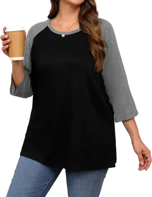 Plus Size 3/4 Sleeve Tops Women Color Block Tshirts Casual Trendy Tee Shirts