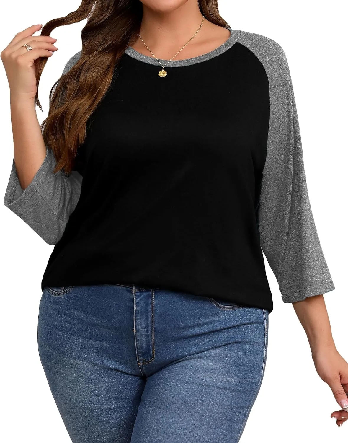 Plus Size 3/4 Sleeve Tops Women Color Block Tshirts Casual Trendy Tee Shirts