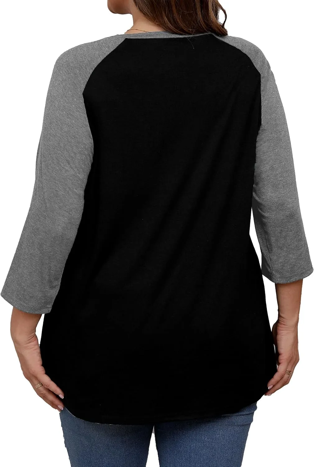 Plus Size 3/4 Sleeve Tops Women Color Block Tshirts Casual Trendy Tee Shirts