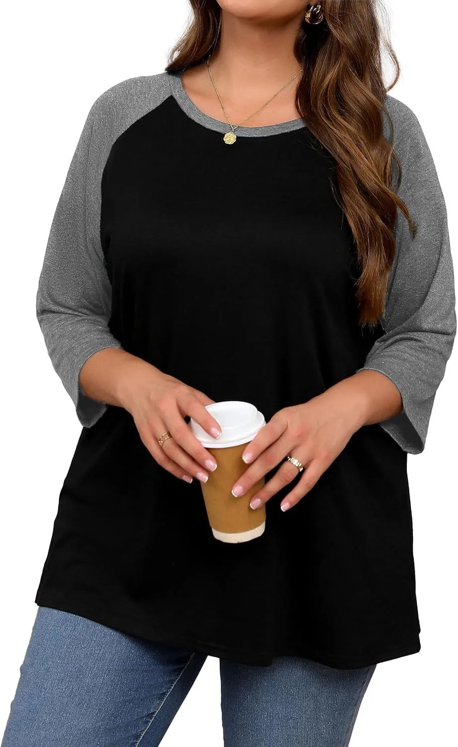 Plus Size 3/4 Sleeve Tops Women Color Block Tshirts Casual Trendy Tee Shirts