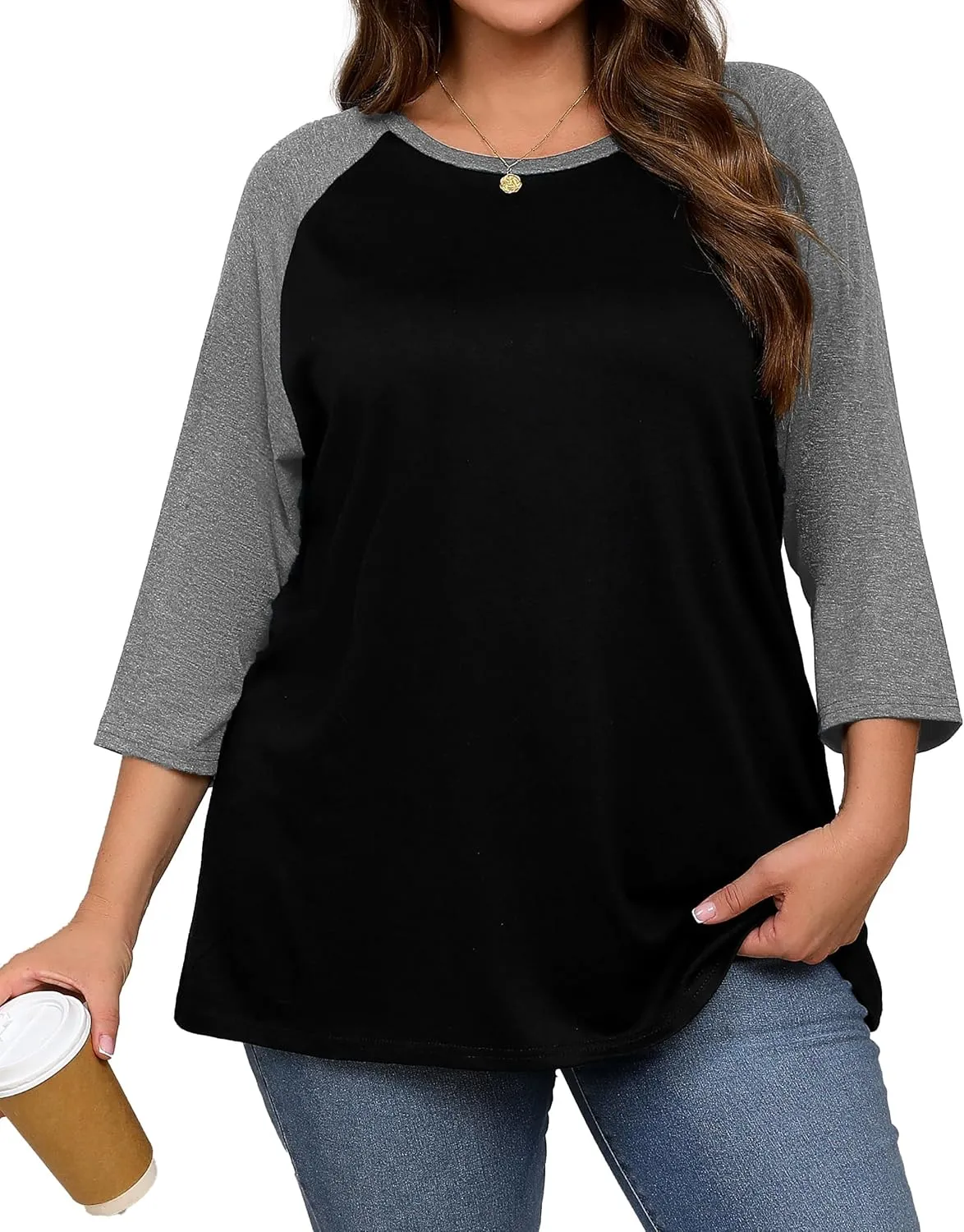 Plus Size 3/4 Sleeve Tops Women Color Block Tshirts Casual Trendy Tee Shirts