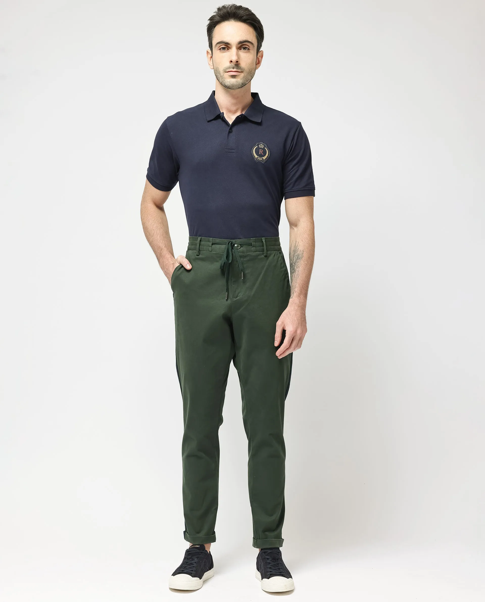 Rare Rabbit Mens Caloon Green Cotton Blend Drawstring Closure Regular Fit Solid Trouser
