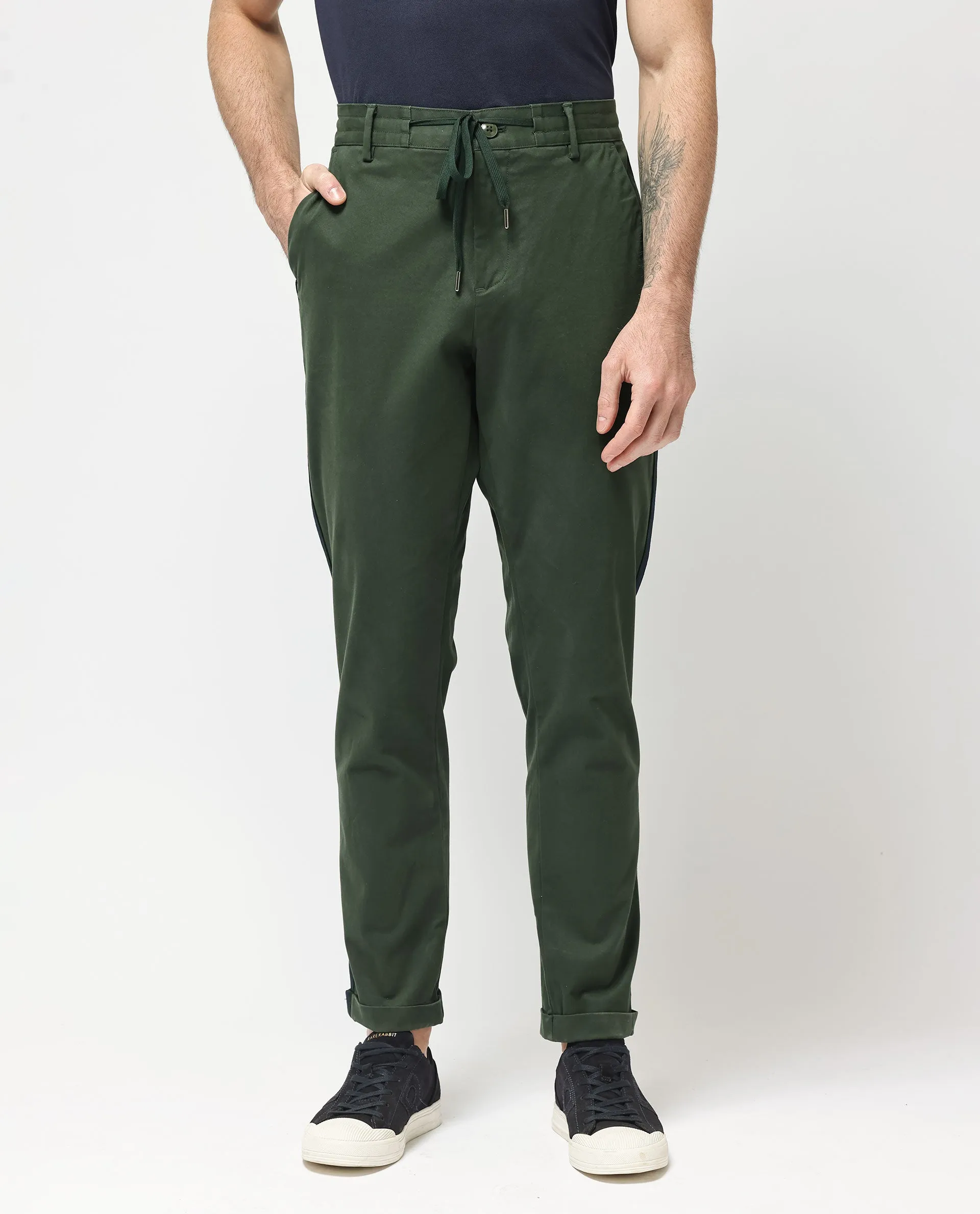 Rare Rabbit Mens Caloon Green Cotton Blend Drawstring Closure Regular Fit Solid Trouser