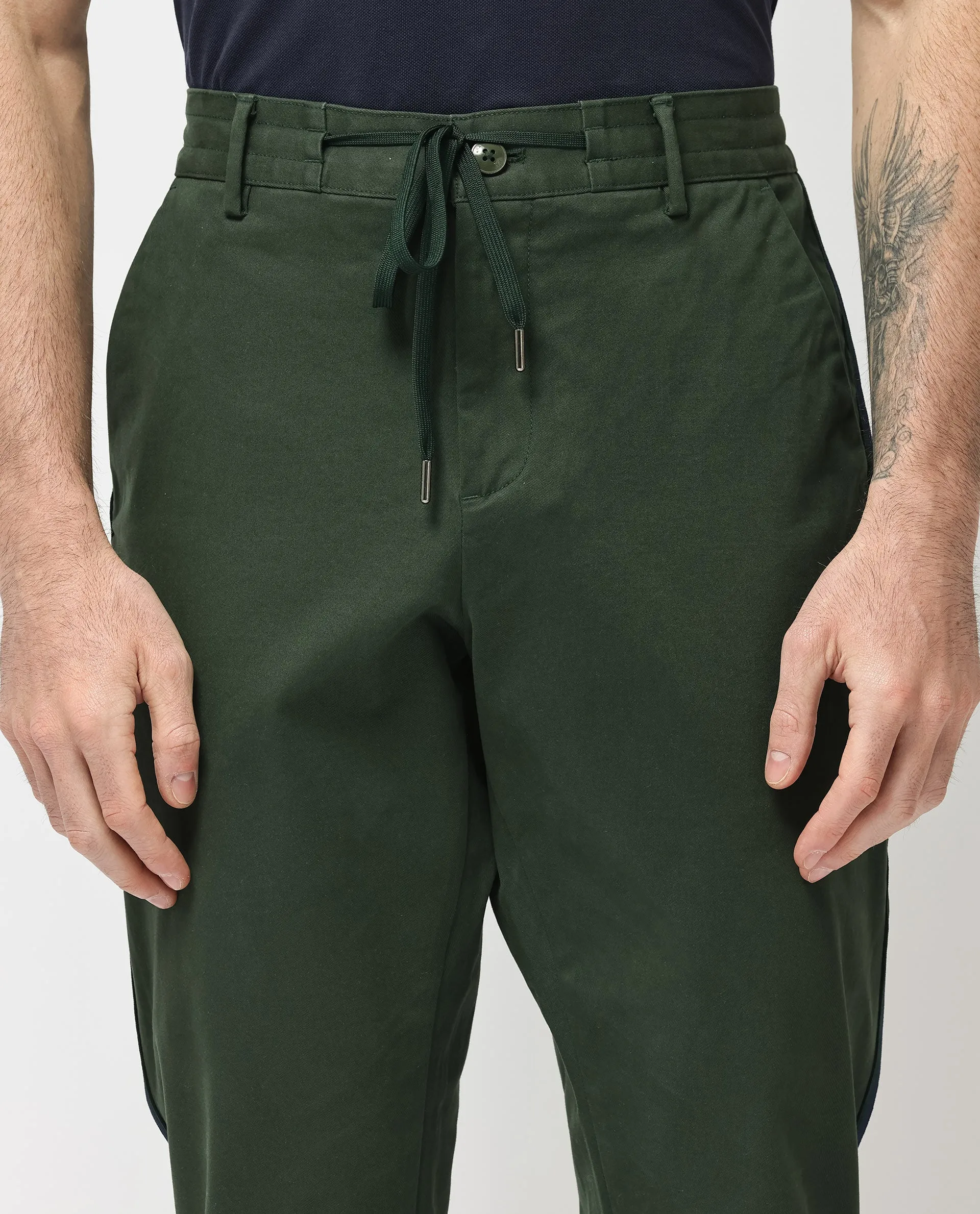 Rare Rabbit Mens Caloon Green Cotton Blend Drawstring Closure Regular Fit Solid Trouser
