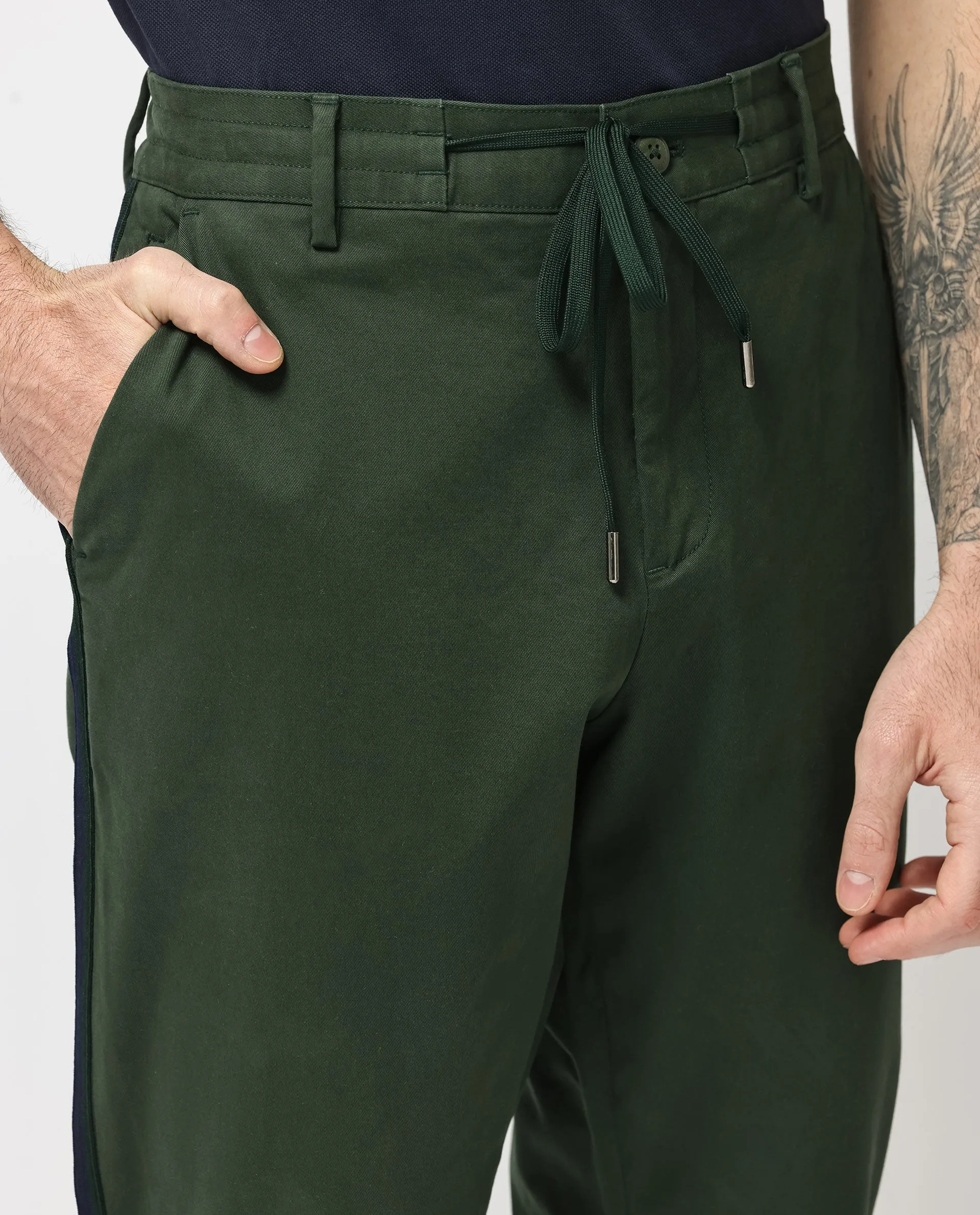 Rare Rabbit Mens Caloon Green Cotton Blend Drawstring Closure Regular Fit Solid Trouser