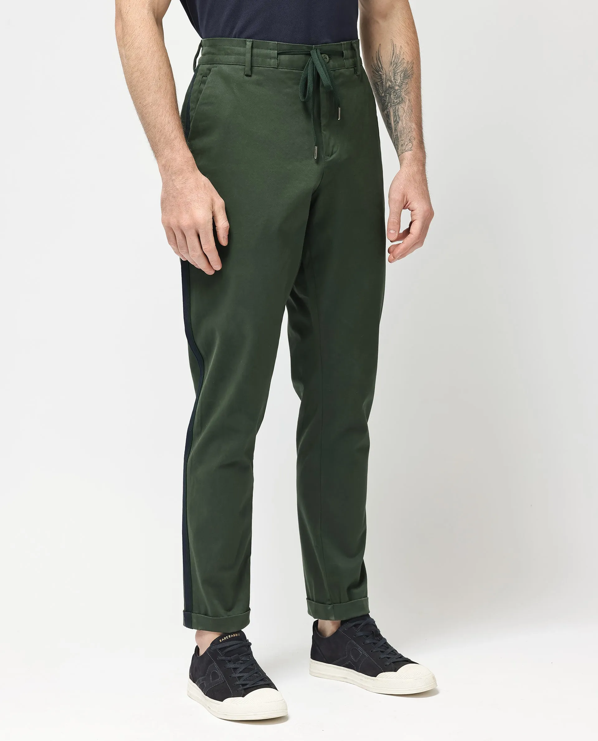 Rare Rabbit Mens Caloon Green Cotton Blend Drawstring Closure Regular Fit Solid Trouser