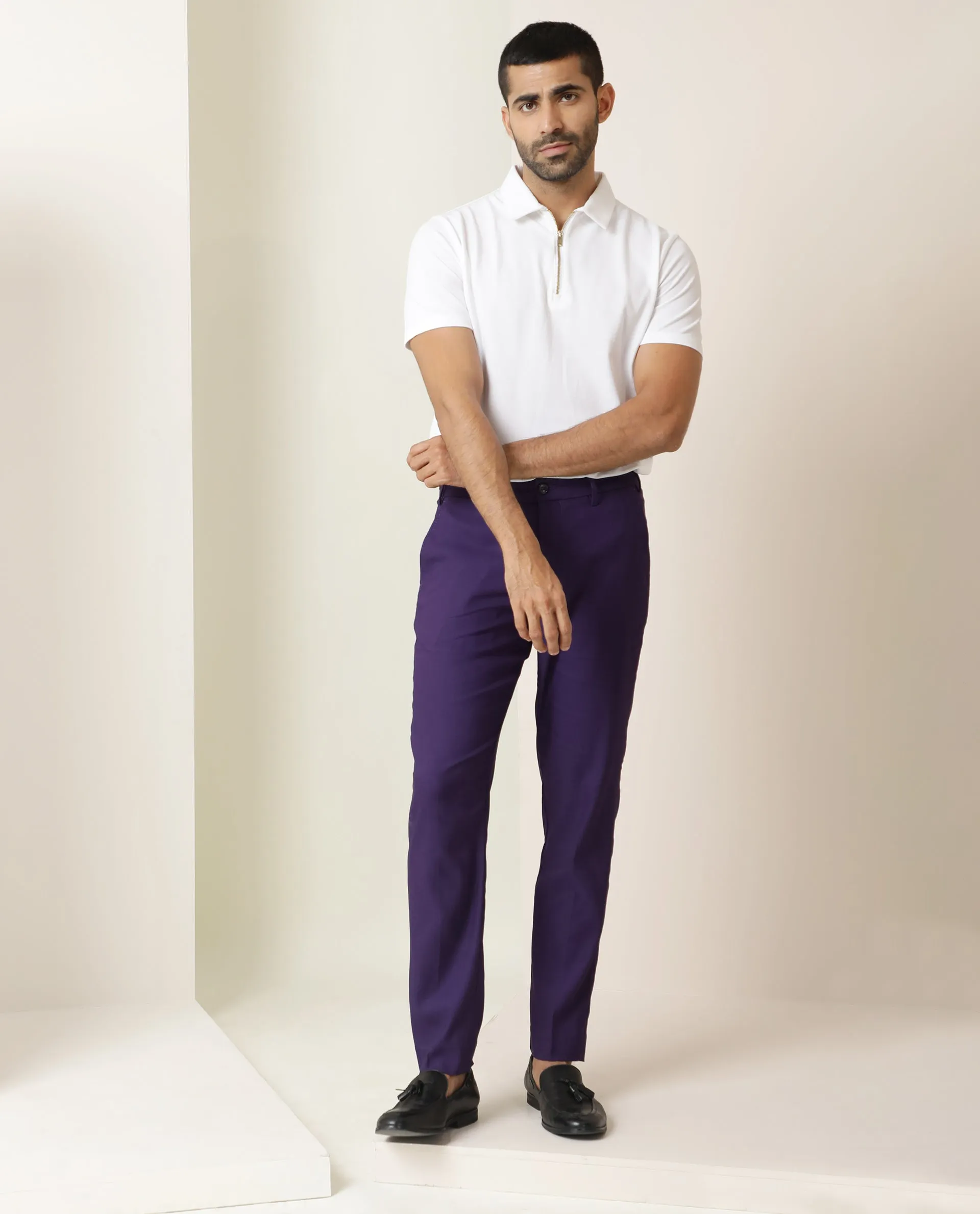 Rare Rabbit Men's Glade Purple Solid Mid-Rise Regular Fit Trouser