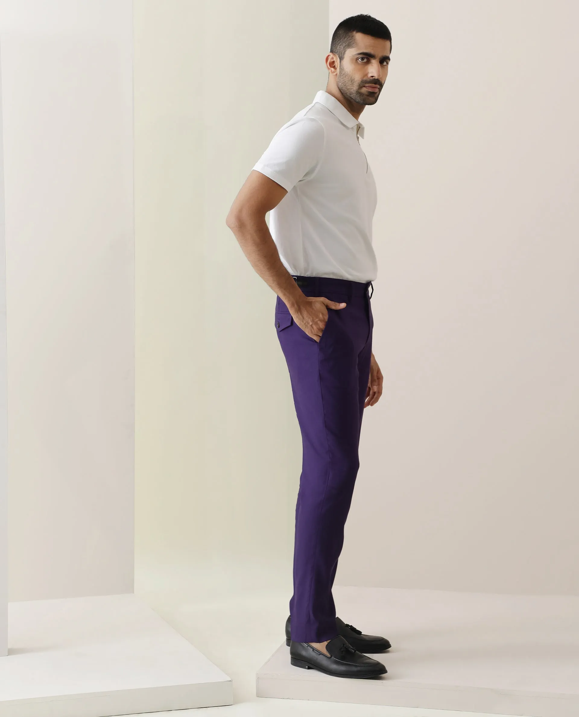 Rare Rabbit Men's Glade Purple Solid Mid-Rise Regular Fit Trouser