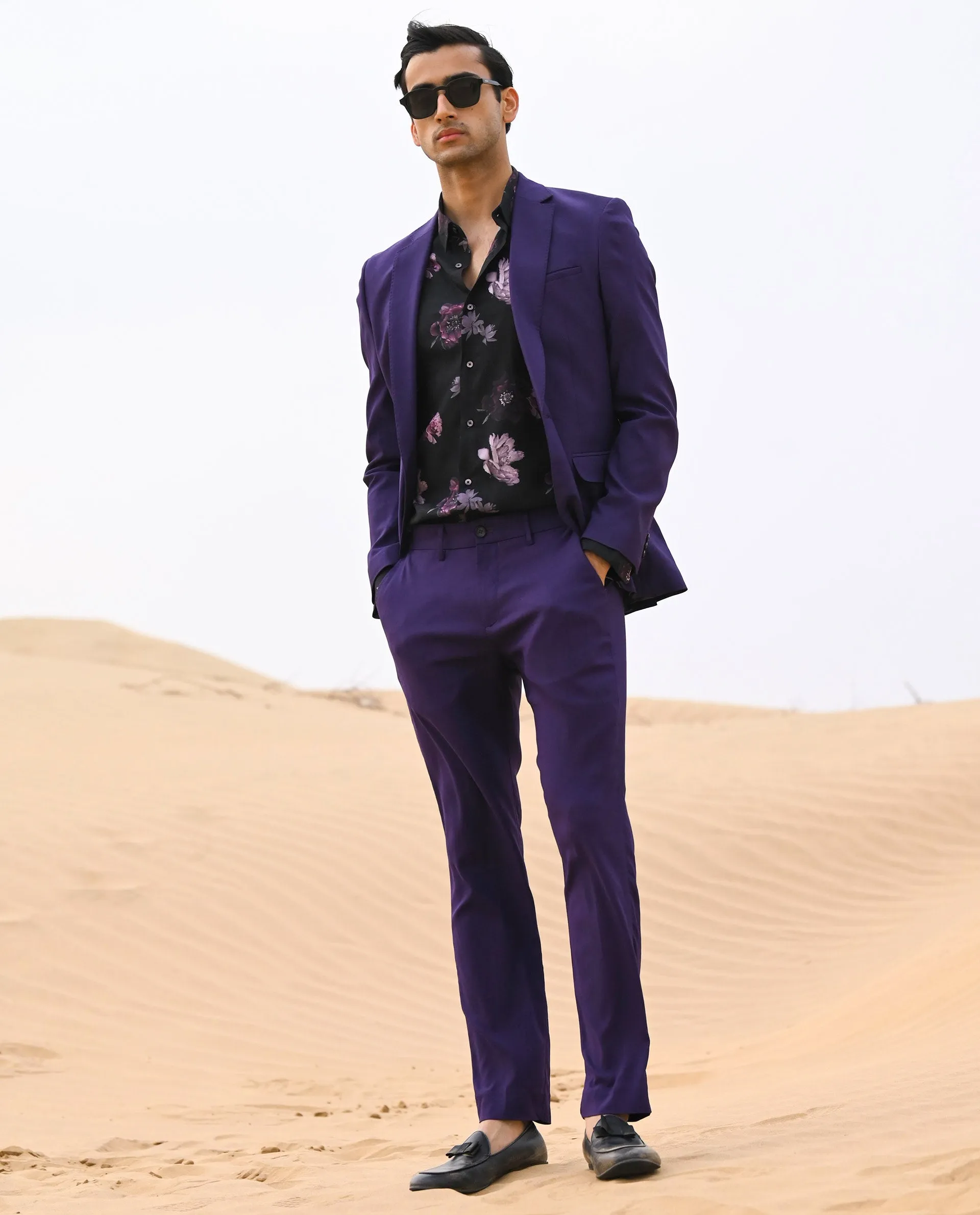 Rare Rabbit Men's Glade Purple Solid Mid-Rise Regular Fit Trouser