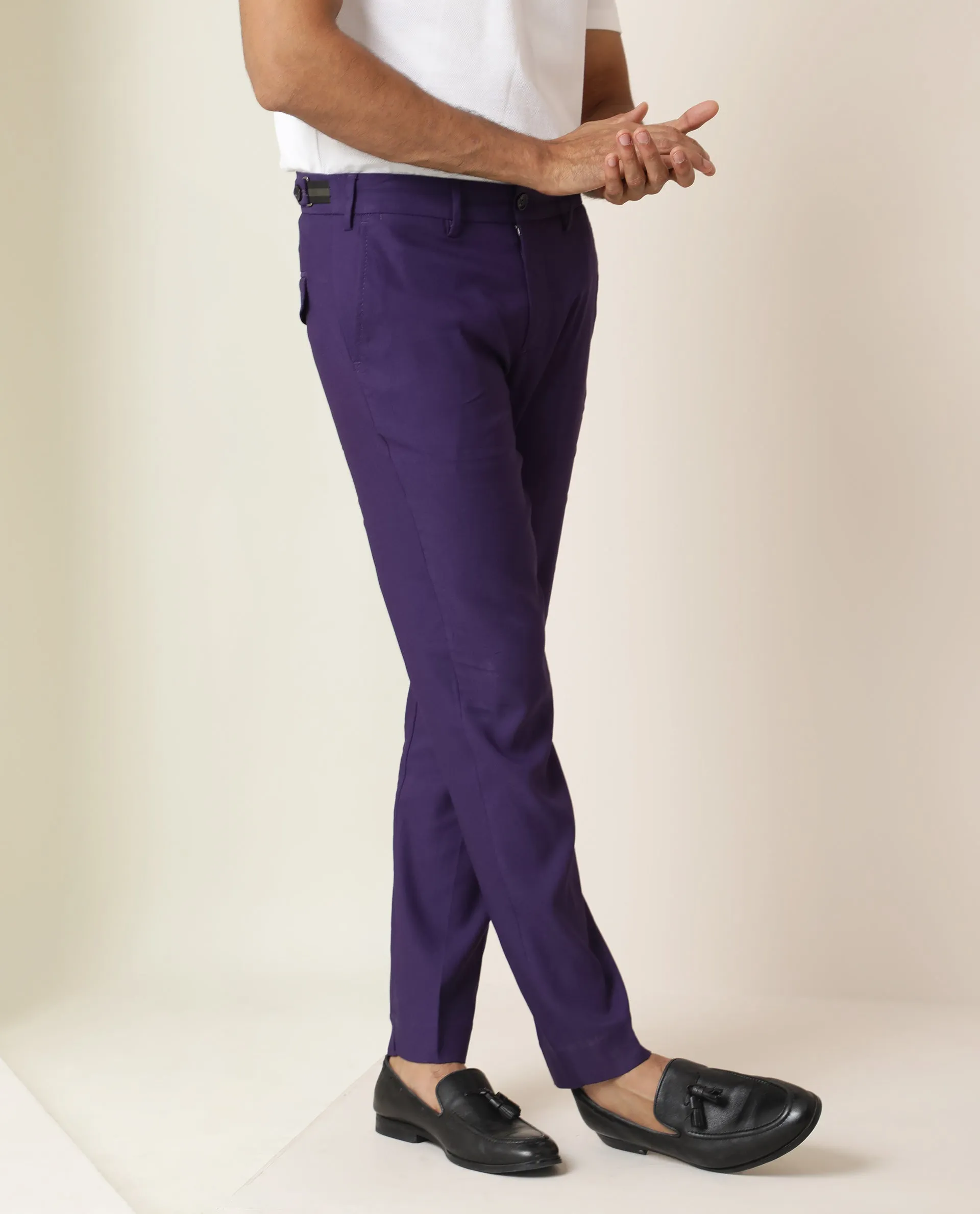 Rare Rabbit Men's Glade Purple Solid Mid-Rise Regular Fit Trouser