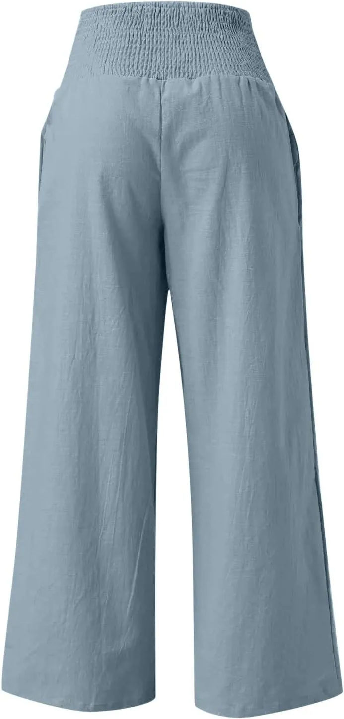 RKSTN High Waisted Cotton Linen Pants for Women Lounge Wide Leg Palazzo Trousers Summer Work Casual Baggy Pant with Pockets