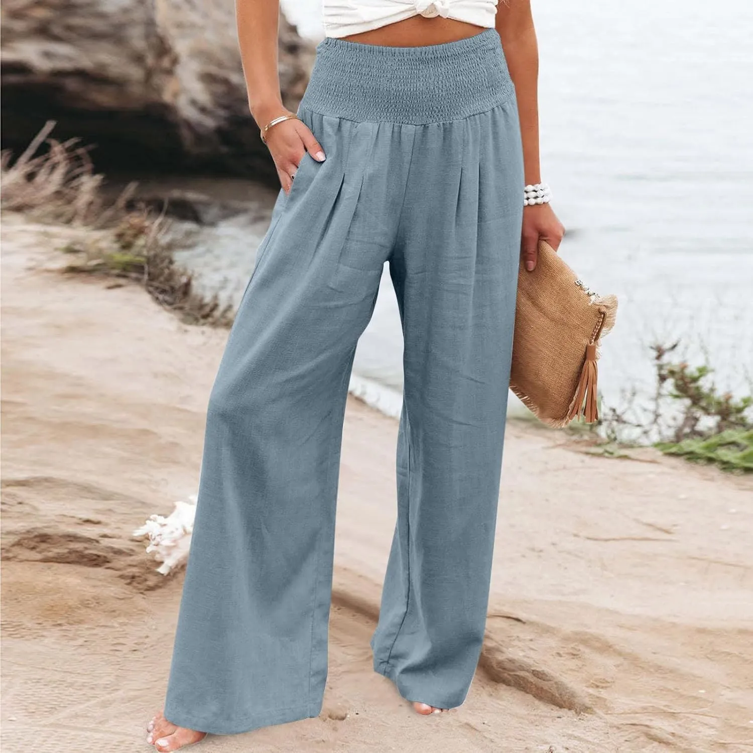 RKSTN High Waisted Cotton Linen Pants for Women Lounge Wide Leg Palazzo Trousers Summer Work Casual Baggy Pant with Pockets