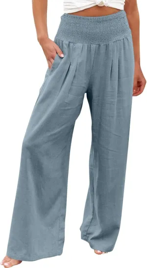 RKSTN High Waisted Cotton Linen Pants for Women Lounge Wide Leg Palazzo Trousers Summer Work Casual Baggy Pant with Pockets