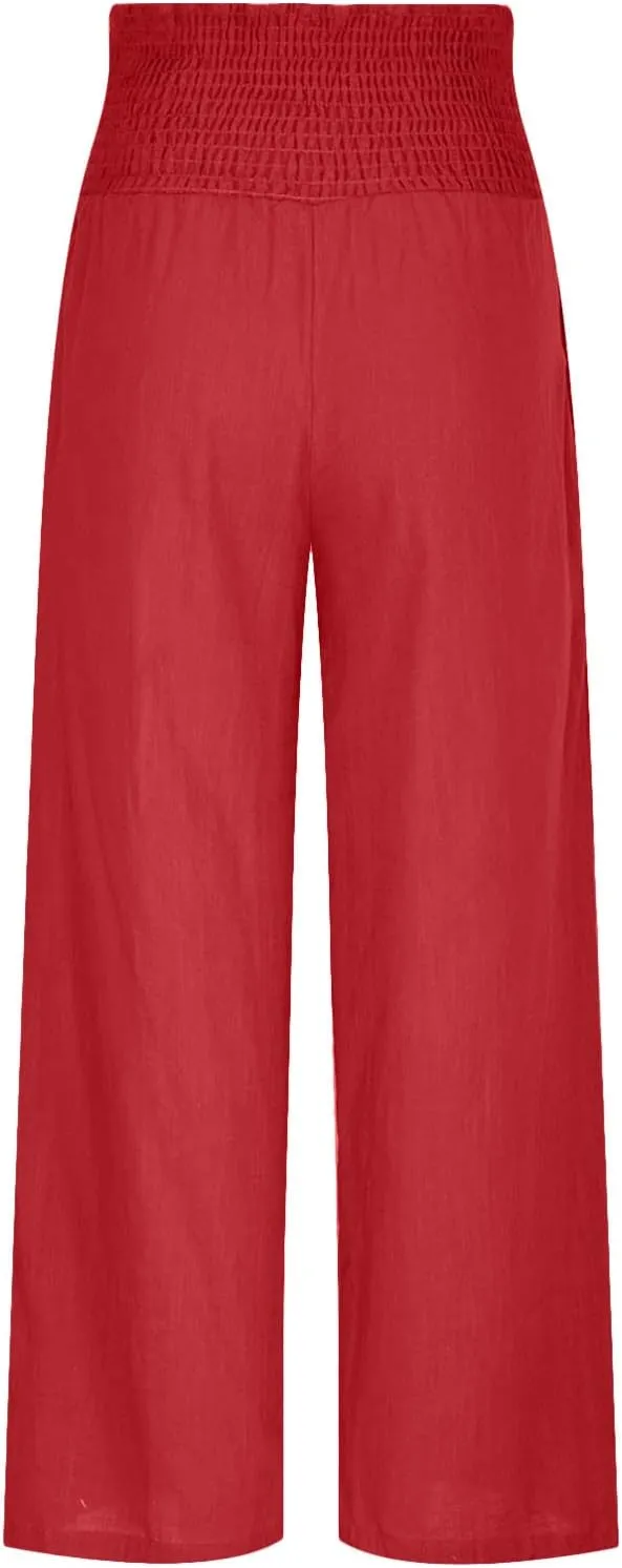 RKSTN High Waisted Cotton Linen Pants for Women Lounge Wide Leg Palazzo Trousers Summer Work Casual Baggy Pant with Pockets