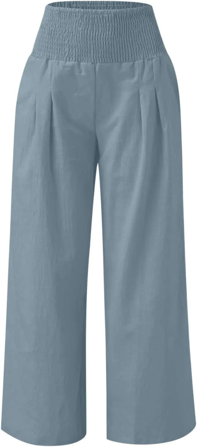 RKSTN High Waisted Cotton Linen Pants for Women Lounge Wide Leg Palazzo Trousers Summer Work Casual Baggy Pant with Pockets