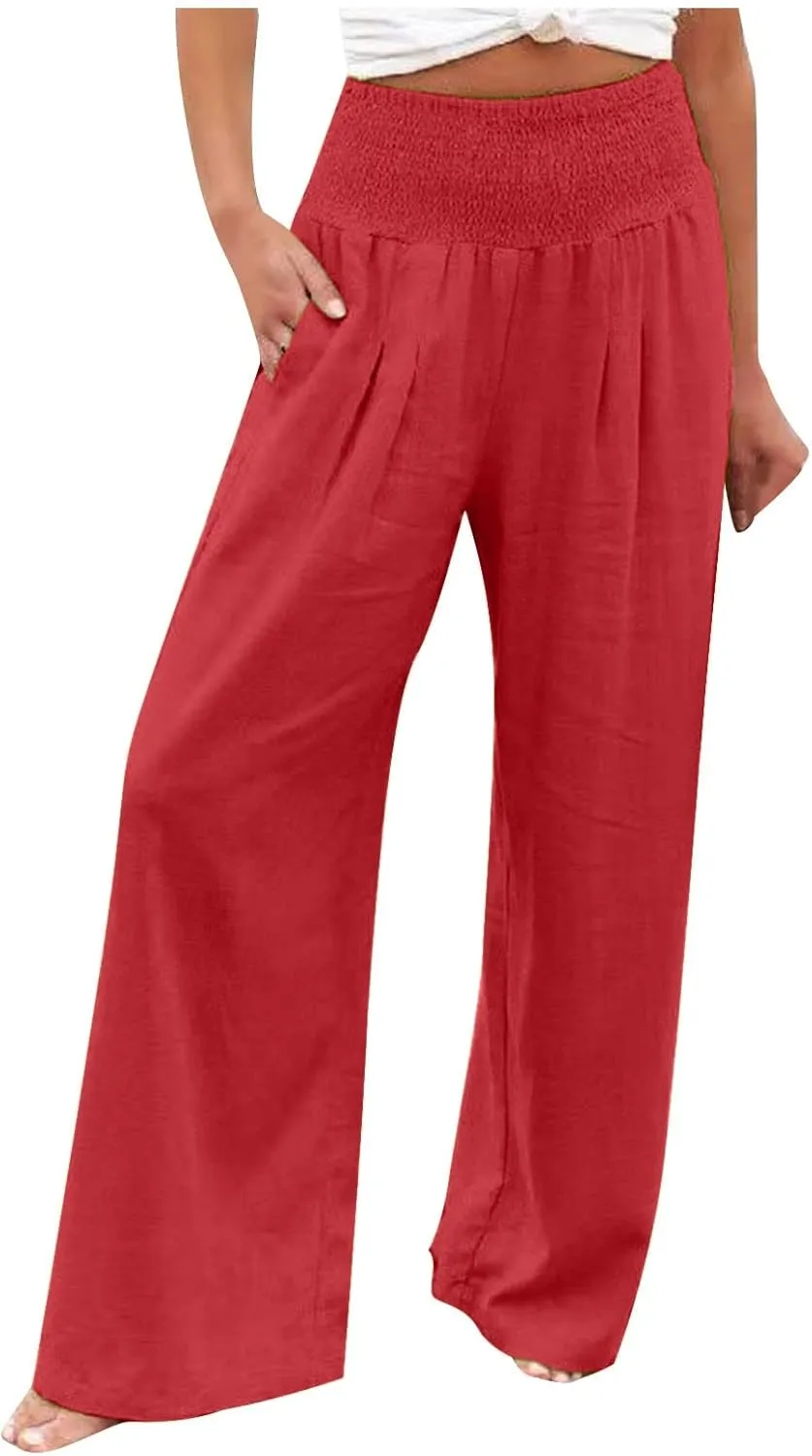 RKSTN High Waisted Cotton Linen Pants for Women Lounge Wide Leg Palazzo Trousers Summer Work Casual Baggy Pant with Pockets