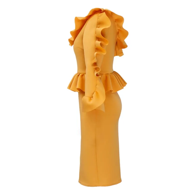 Ruffle One Sleeve Peplum Top Bodycon Dress #Bodycon Dress #Yellow