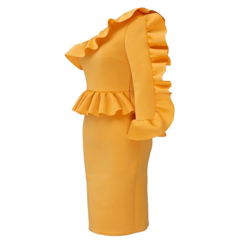 Ruffle One Sleeve Peplum Top Bodycon Dress #Bodycon Dress #Yellow
