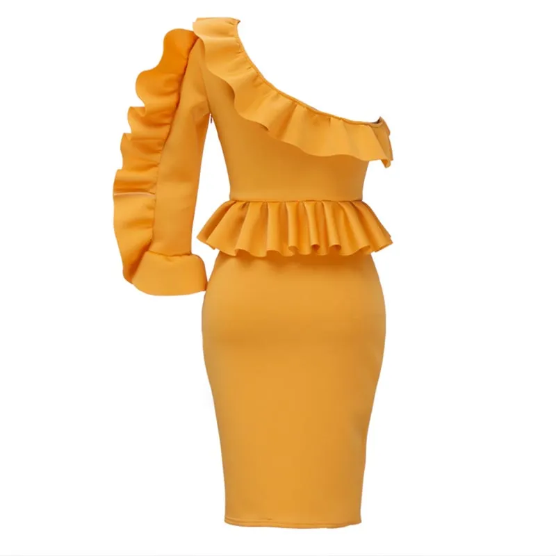 Ruffle One Sleeve Peplum Top Bodycon Dress #Bodycon Dress #Yellow