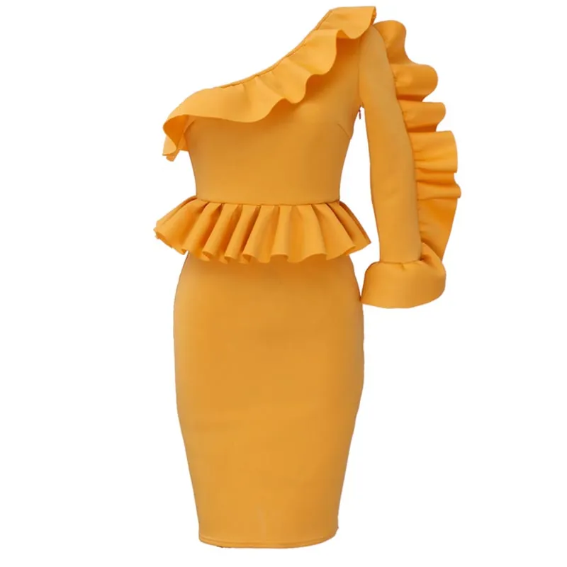 Ruffle One Sleeve Peplum Top Bodycon Dress #Bodycon Dress #Yellow