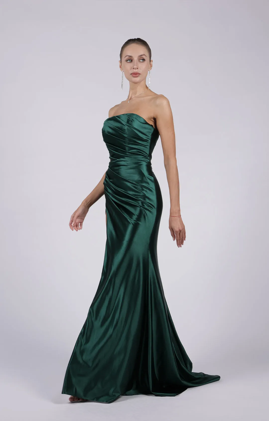Satin Strapless High Split Pleated Sweep Train Prom Dress