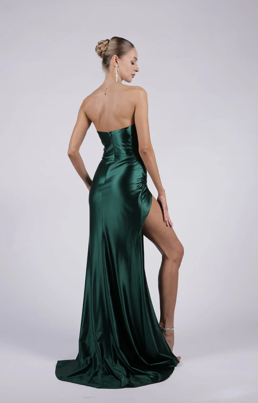 Satin Strapless High Split Pleated Sweep Train Prom Dress