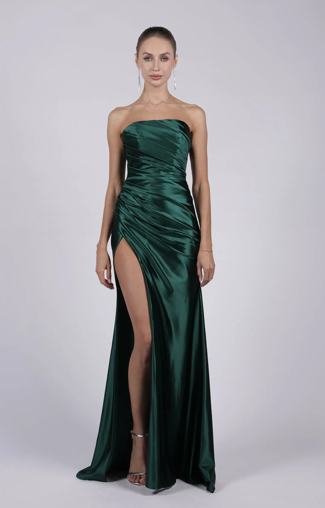Satin Strapless High Split Pleated Sweep Train Prom Dress