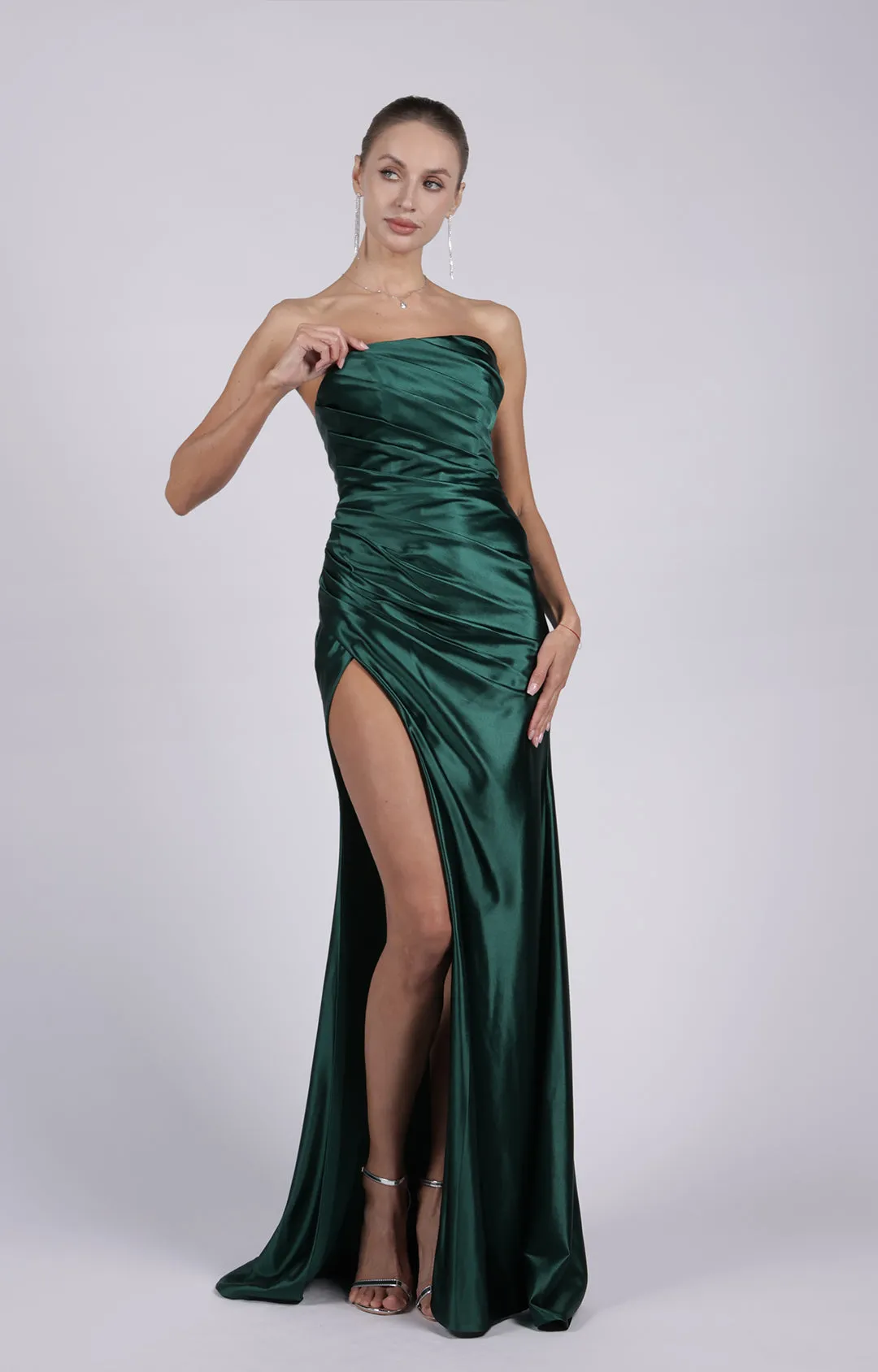 Satin Strapless High Split Pleated Sweep Train Prom Dress