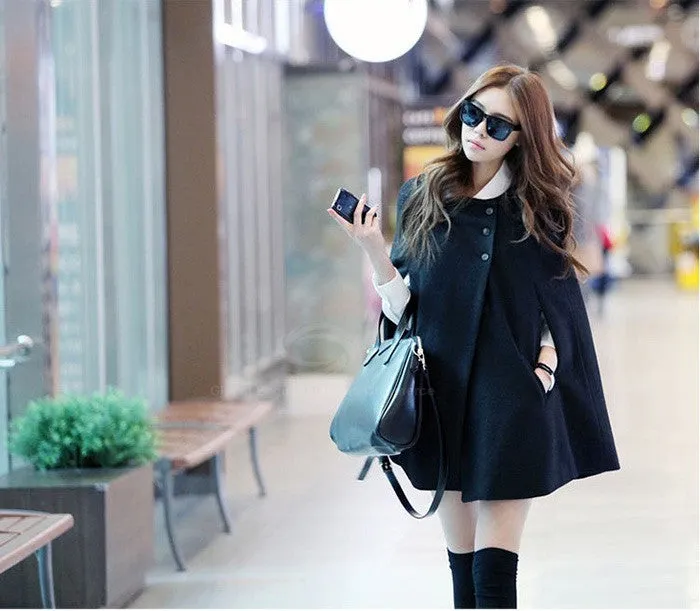 Scoop Neck Woolen Blend Women's Cloak Coat