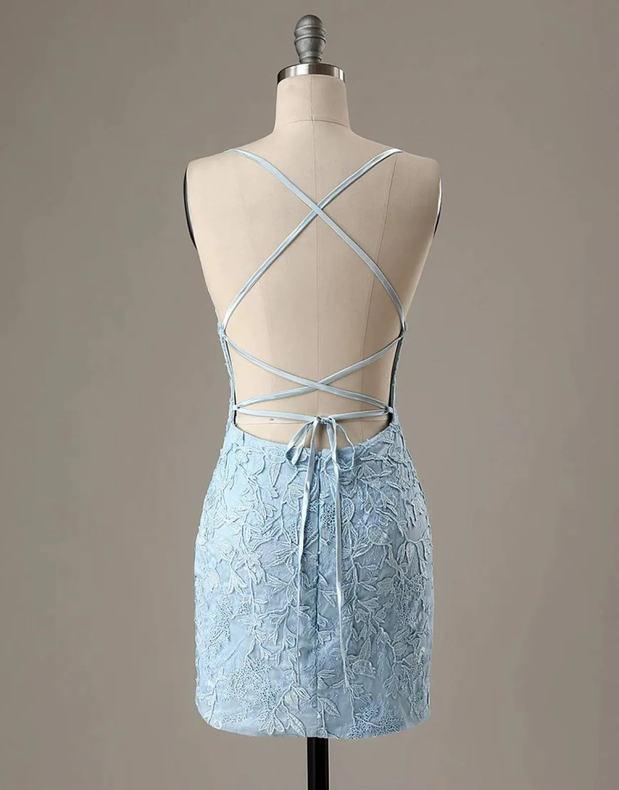 Sheath Lace Spaghetti Straps Backless Short Mini Homecoming Party Dress