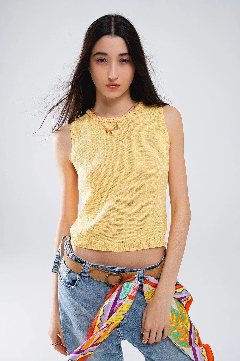 Sleeveless Yellow Sweater With Crew Neckline And Braid Detail At Neckline