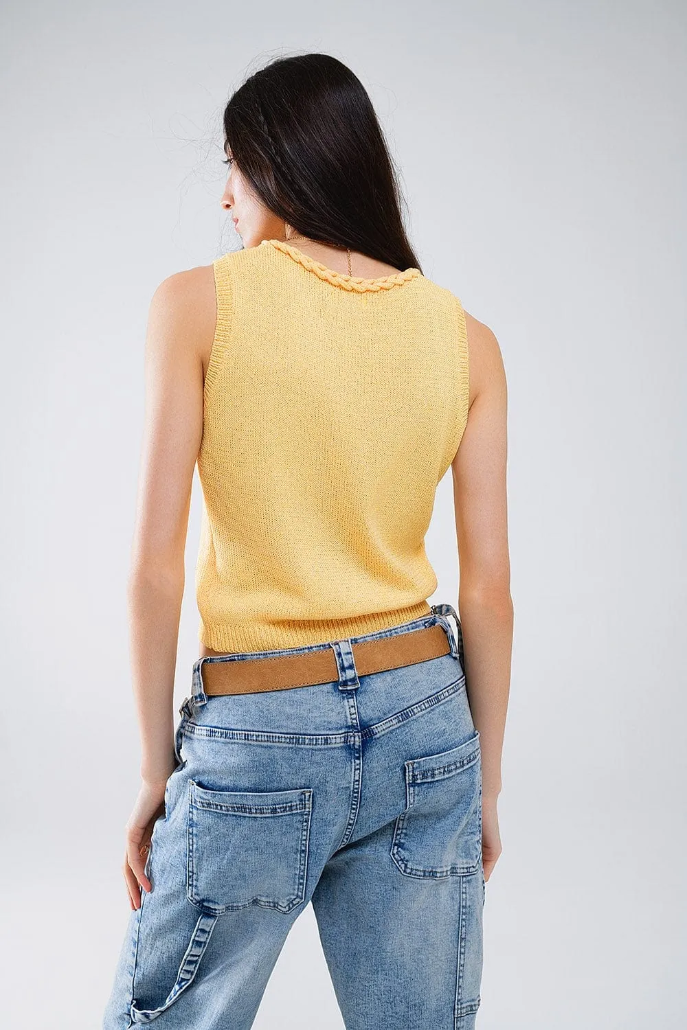 Sleeveless Yellow Sweater With Crew Neckline And Braid Detail At Neckline