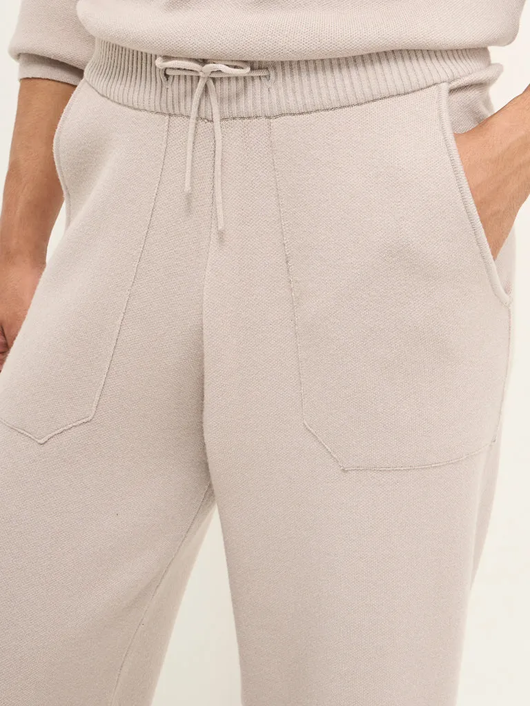 Studiofit Beige Knitted Relaxed-Fit Mid-Rise Track Pants