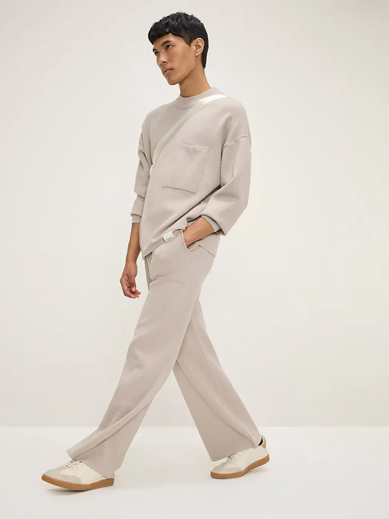 Studiofit Beige Knitted Relaxed-Fit Mid-Rise Track Pants