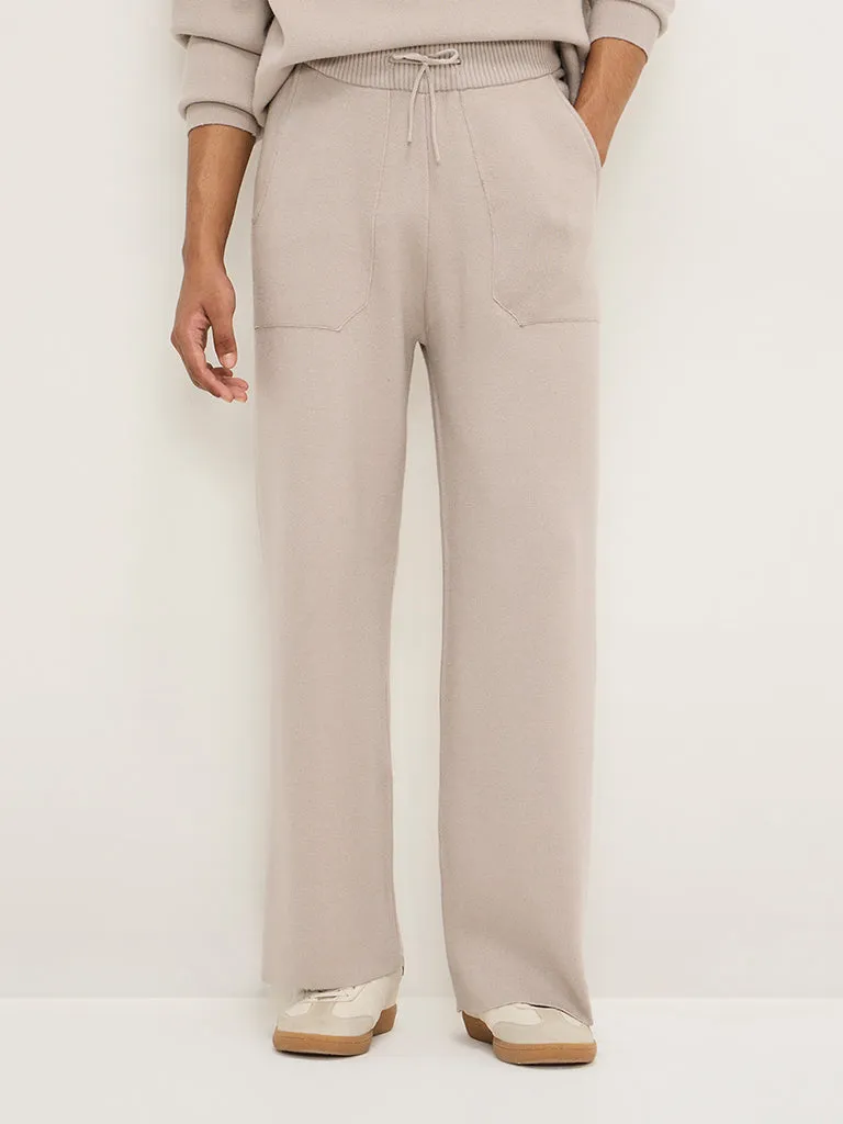 Studiofit Beige Knitted Relaxed-Fit Mid-Rise Track Pants