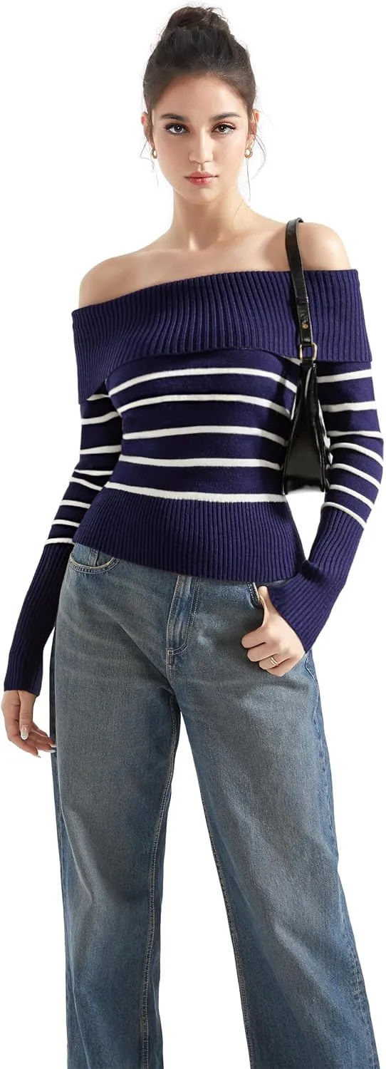 SUUKSESS Women Off Shoulder Sweaters Long Sleeve Ribbed Knit Going Out Fall Tops Blouse