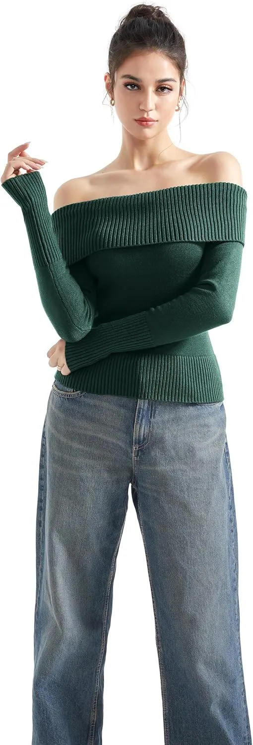 SUUKSESS Women Off Shoulder Sweaters Long Sleeve Ribbed Knit Going Out Fall Tops Blouse