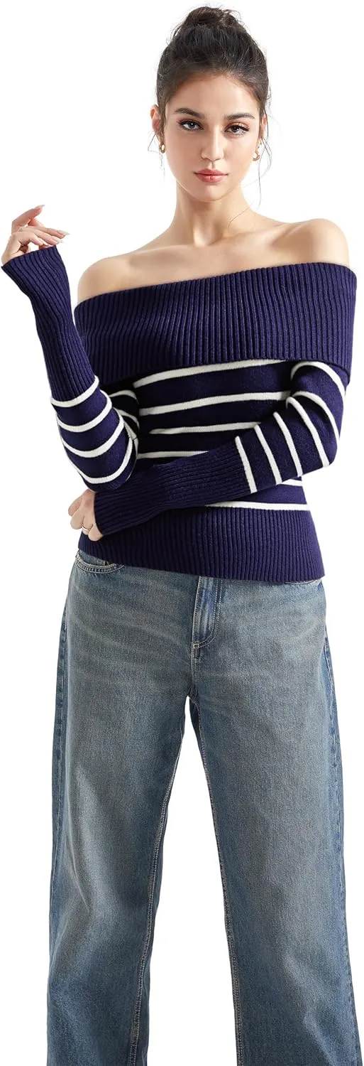 SUUKSESS Women Off Shoulder Sweaters Long Sleeve Ribbed Knit Going Out Fall Tops Blouse