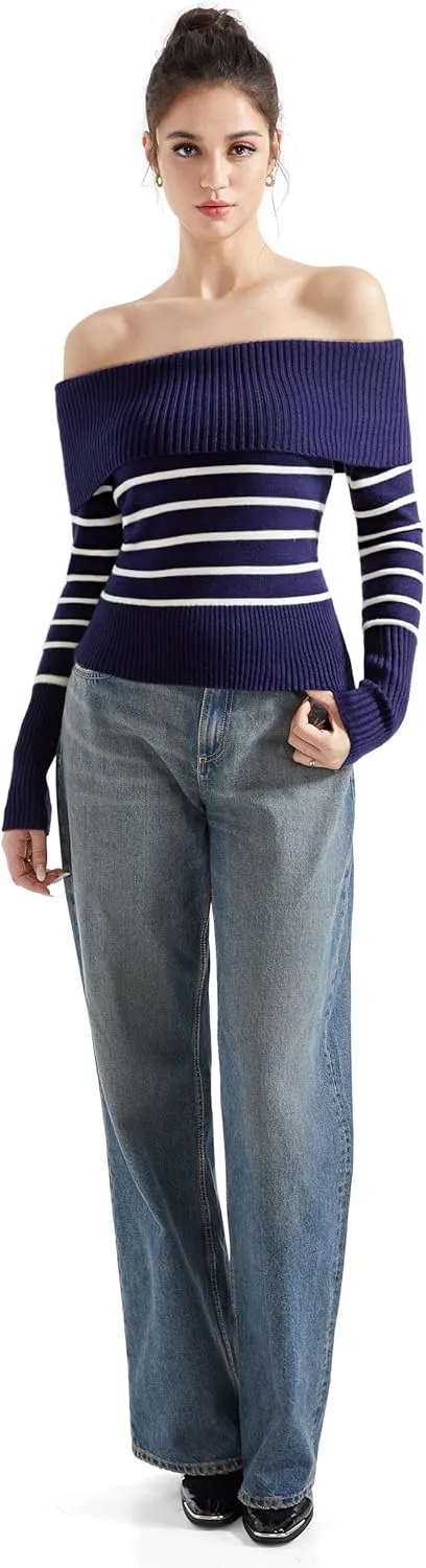 SUUKSESS Women Off Shoulder Sweaters Long Sleeve Ribbed Knit Going Out Fall Tops Blouse