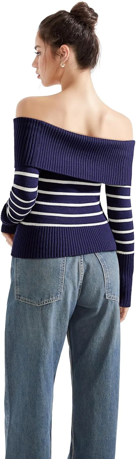 SUUKSESS Women Off Shoulder Sweaters Long Sleeve Ribbed Knit Going Out Fall Tops Blouse