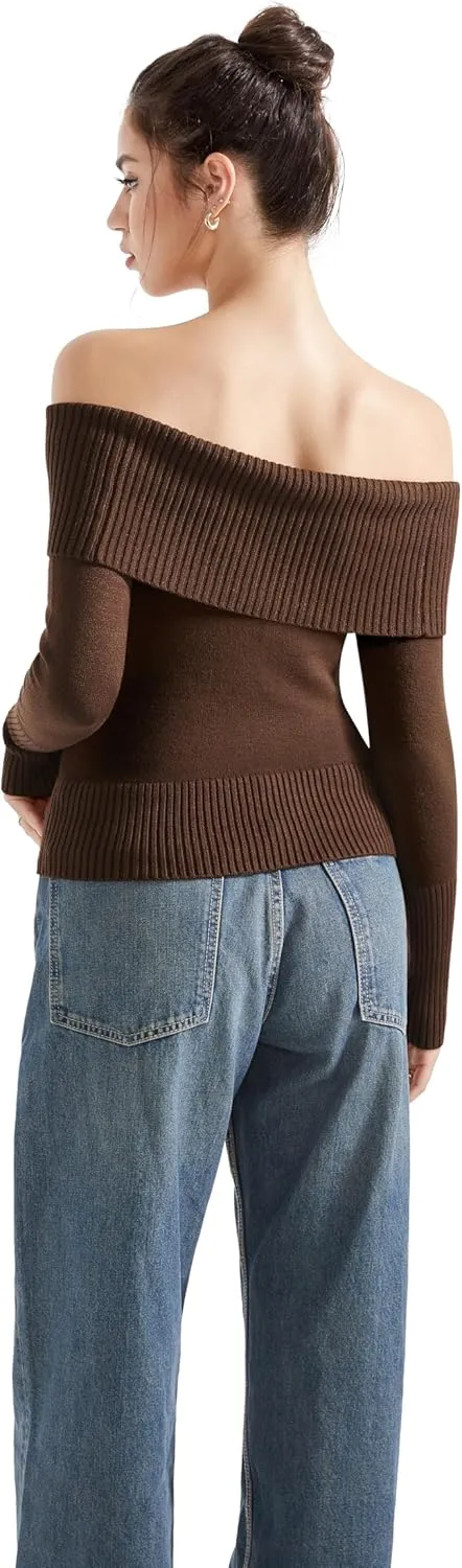 SUUKSESS Women Off Shoulder Sweaters Long Sleeve Ribbed Knit Going Out Fall Tops Blouse