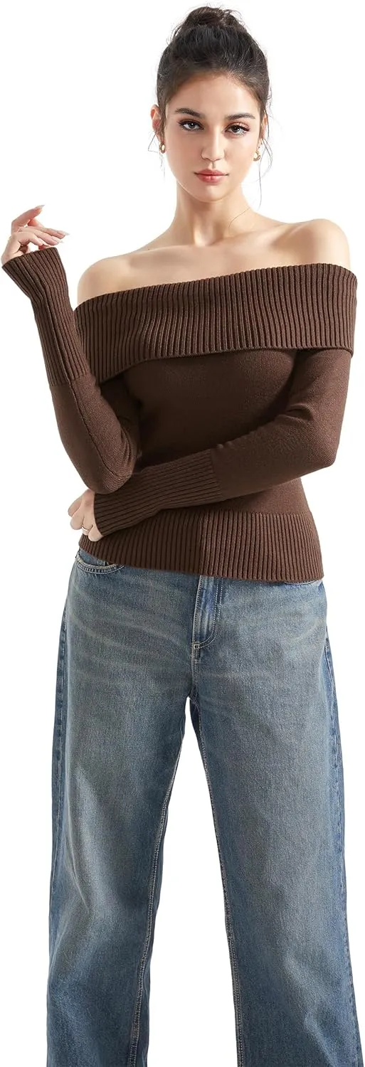 SUUKSESS Women Off Shoulder Sweaters Long Sleeve Ribbed Knit Going Out Fall Tops Blouse