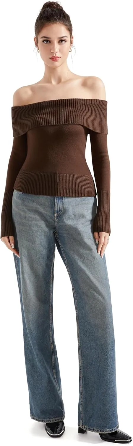 SUUKSESS Women Off Shoulder Sweaters Long Sleeve Ribbed Knit Going Out Fall Tops Blouse