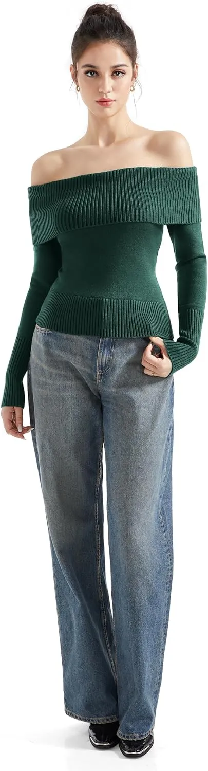 SUUKSESS Women Off Shoulder Sweaters Long Sleeve Ribbed Knit Going Out Fall Tops Blouse