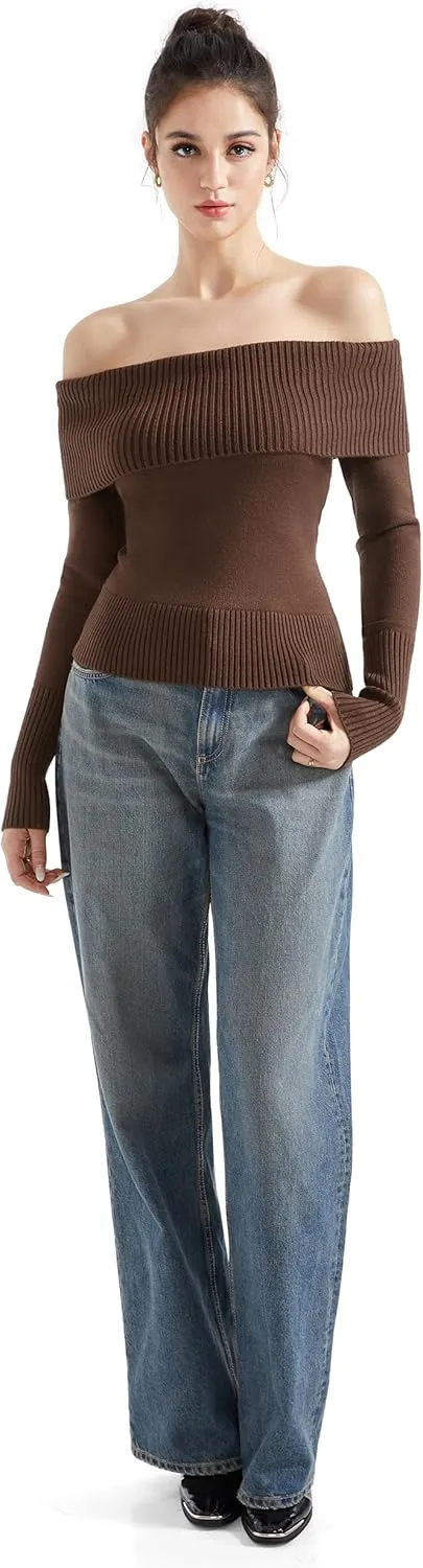 SUUKSESS Women Off Shoulder Sweaters Long Sleeve Ribbed Knit Going Out Fall Tops Blouse