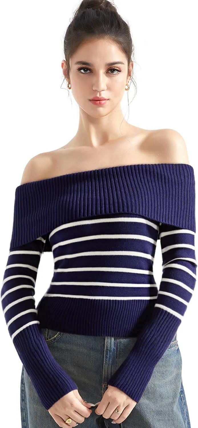 SUUKSESS Women Off Shoulder Sweaters Long Sleeve Ribbed Knit Going Out Fall Tops Blouse