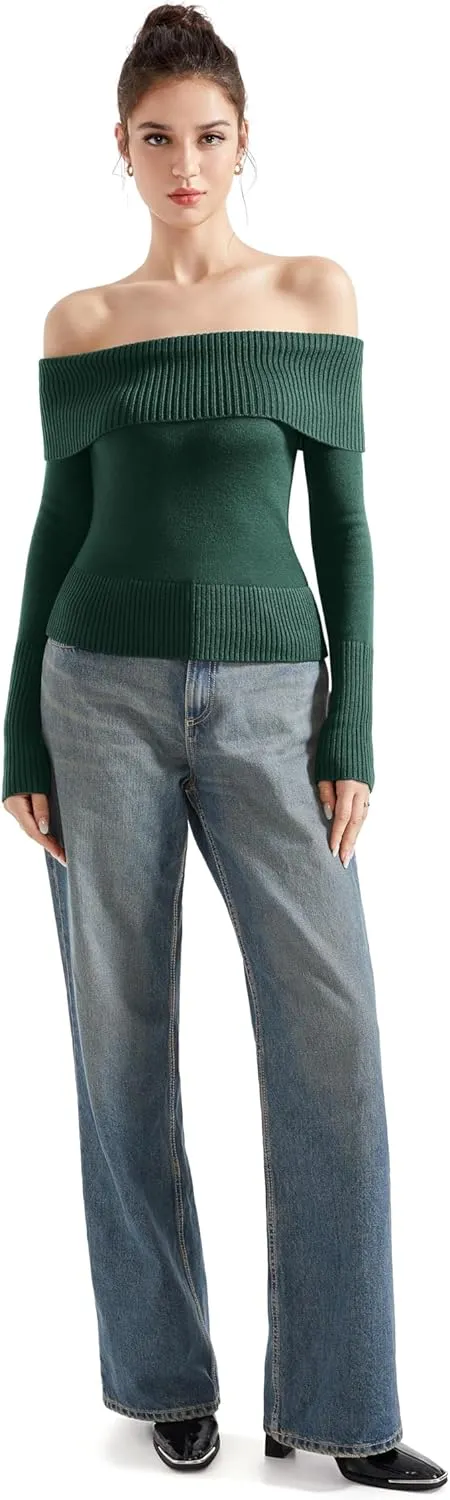 SUUKSESS Women Off Shoulder Sweaters Long Sleeve Ribbed Knit Going Out Fall Tops Blouse