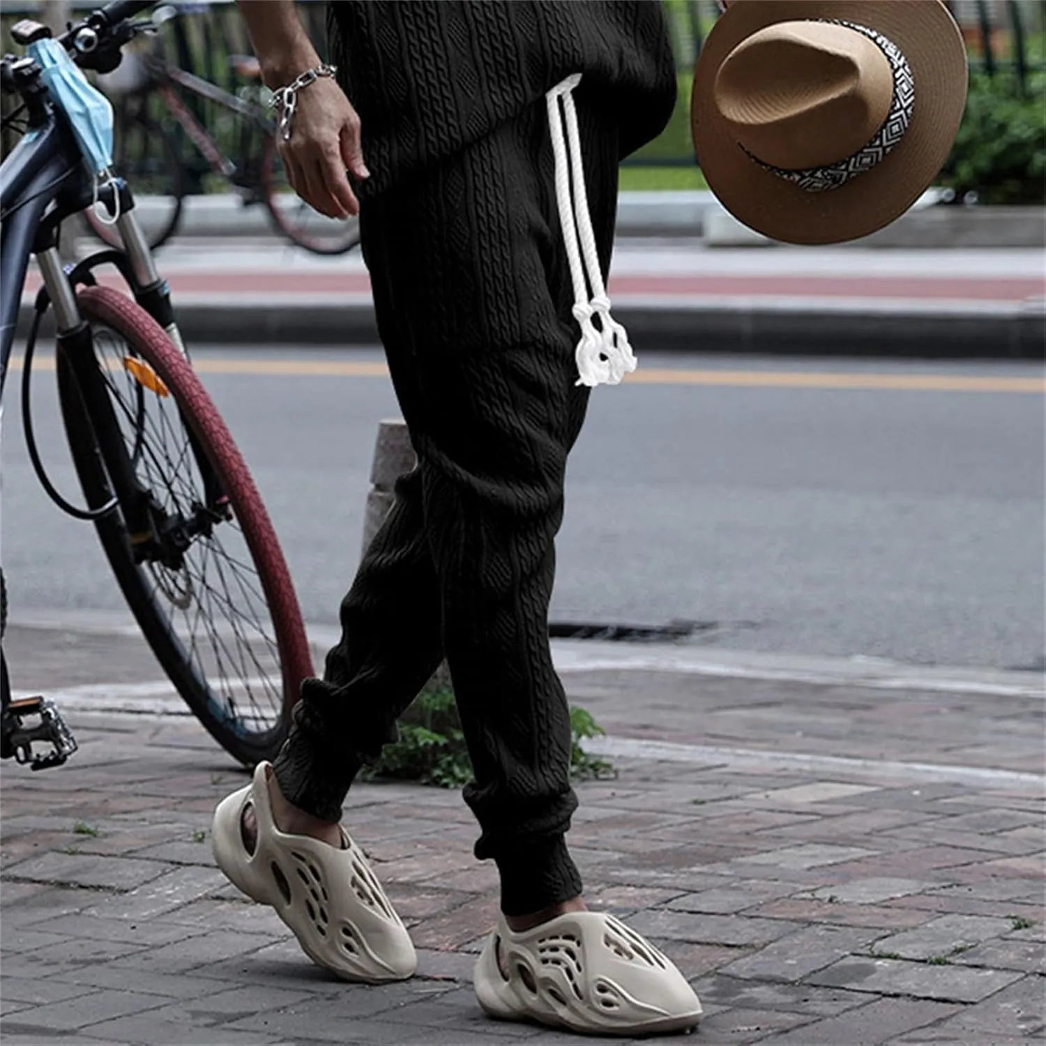 Sweatpants for Men Knited Drawstring Casual Trendy Lightweight Slim Fit Pants Outdoor Workout Running Trousers Pockets