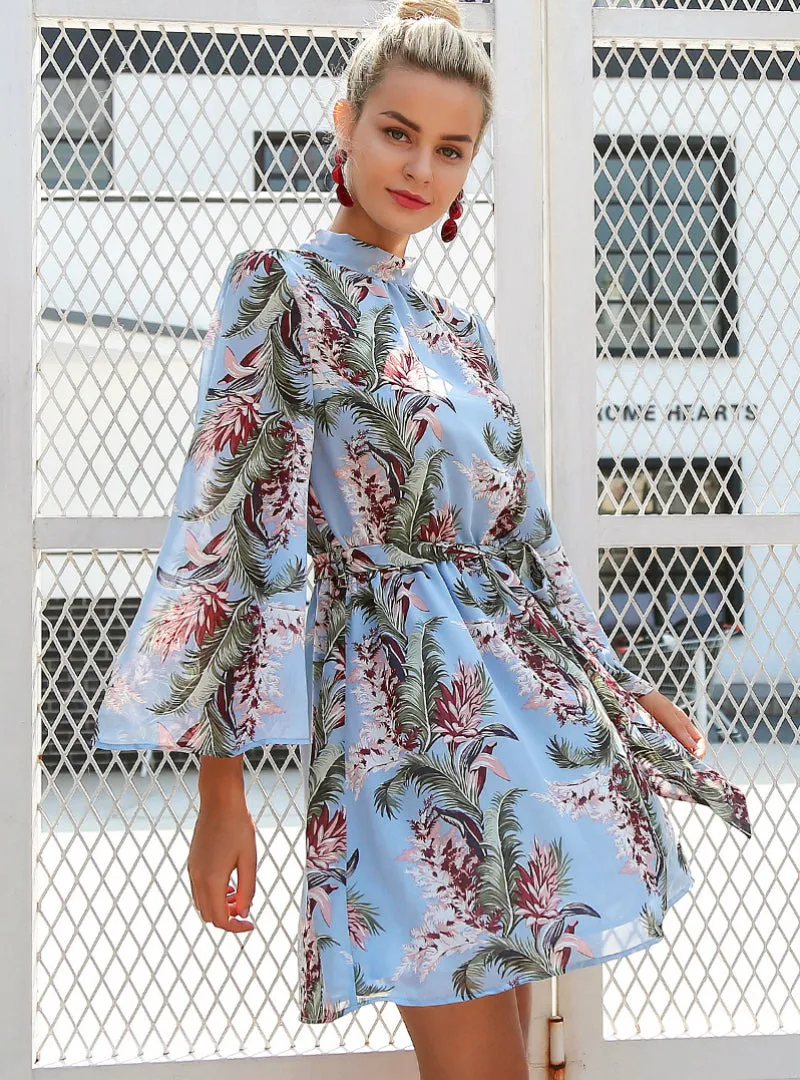 TastyHottie - Flare Sleeve Floral Print Chiffon Dress Beach