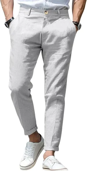 Thatrich Mens Suit Pants Slim Fit Straight Leg Business Casual Pant Cotton Linen Breathable Trousers Comfy Work Formal Wear
